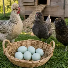 Różne rasy kur, w tym ta z czubkiem, pilnują koszyka z jajkami. Kolory jajek są jasnoniebieskie, co sugeruje, że pochodzą od kur Araucana.