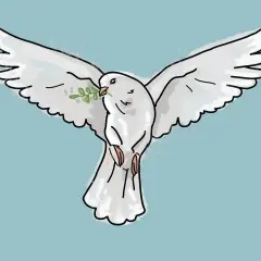 Biały gołąb z gałązką oliwną w dziobie symbolizuje pokój. Jego skrzydła są szeroko rozłożone, a tło jest jasnoniebieskie.