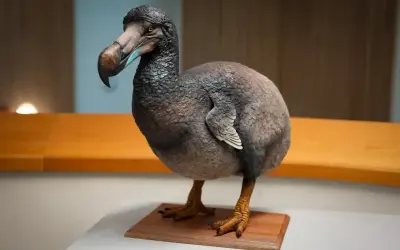 Model dodo, wymarły nielot, z charakterystycznym dziobem i puszystym upierzeniem, stoi na drewnianej podstawce.