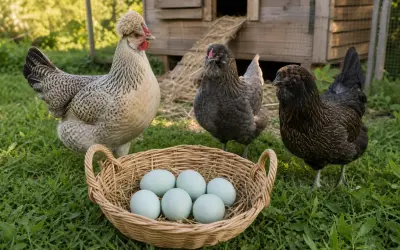 Różne rasy kur, w tym ta z czubkiem, pilnują koszyka z jajkami. Kolory jajek są jasnoniebieskie, co sugeruje, że pochodzą od kur Araucana.