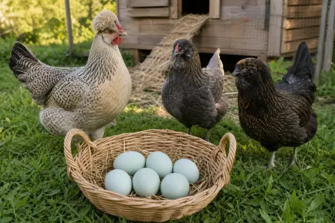 Różne rasy kur, w tym ta z czubkiem, pilnują koszyka z jajkami. Kolory jajek są jasnoniebieskie, co sugeruje, że pochodzą od kur Araucana.