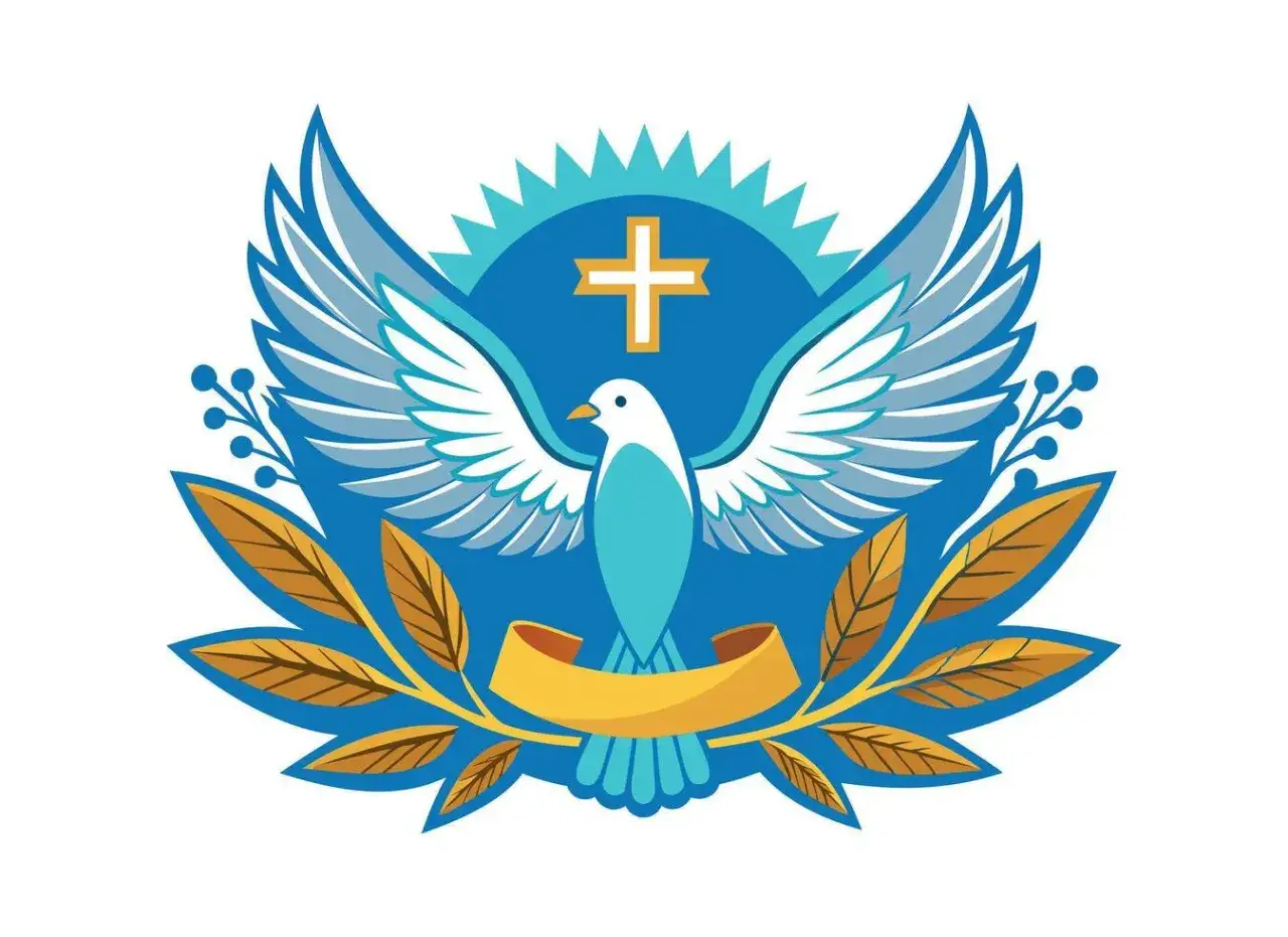 Gołąb z gałązką oliwną znaczenie: symbol pokoju i nadziei, z krzyżem i promieniami słońca.