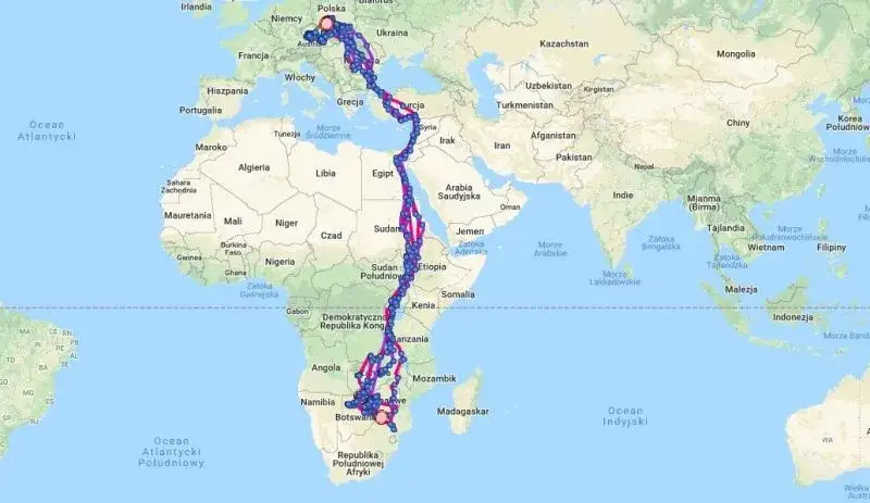 Mapa trasy migracji bocianów z Polski do Afryki