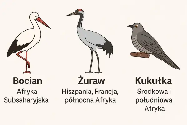 Ilustracja przedstawia bociana, żurawia i kukułkę, pokazując jakie ptaki odlatują na zimę do Afryki.